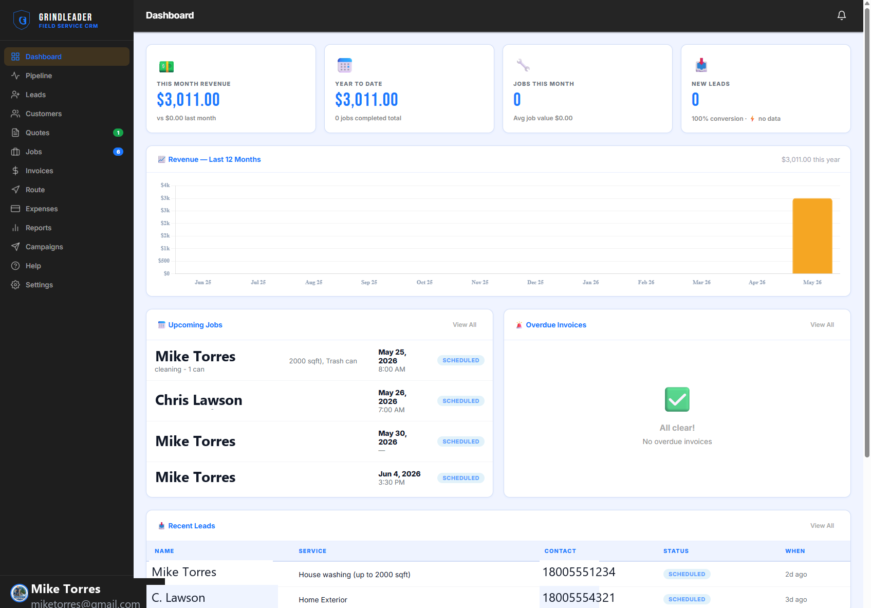 GrindLeader CRM dashboard — job scheduling, invoicing, and customer management